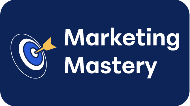 A dart hits the center of a blue and white target next to the bold white text "Marketing Mastery," with the tagline "Beyond the Solution" on a dark blue background.
