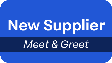 Blue rectangular sign with rounded corners. White text reads “New Supplier Meet & Greet,” with “Meet & Greet” below in italics on a dark blue strip.