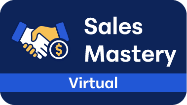 Icon of two hands shaking with a dollar sign, alongside the text "Sales Mastery—Beyond the Solution" and a blue banner that says "Virtual" on a dark blue background with rounded corners, highlighting advanced networking skills.