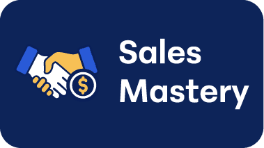 Illustration of a handshake with a dollar sign, next to the words "Sales Mastery" on a dark blue background, highlighting advanced networking and going beyond the solution.