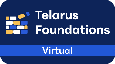 Logo for Telarus Foundations Virtual, featuring a brick wall graphic on a blue background with the words "Telarus Foundations," "Virtual," and a subtle nod to Advanced Networking in white text.