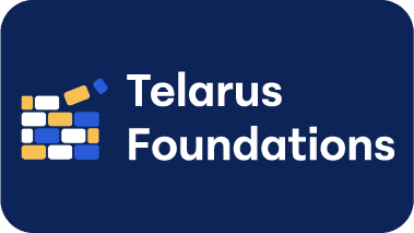 Logo with stacked blue, white, and yellow bricks next to the words "Telarus Foundations" in white text on a dark blue background, representing advanced networking solutions.