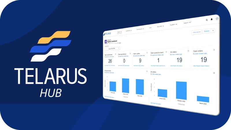 A graphic showing the Telarus Hub logo on the left and a dashboard with charts, stats, and navigation menus on the right, all set against a dark blue background.