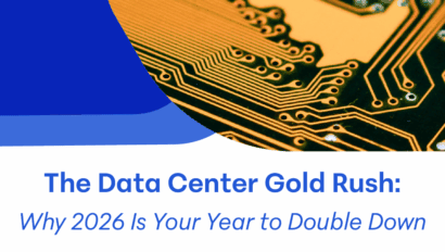An abstract circuit board with gold lines appears above the text: "The Data Center Gold Rush: Why 2026 Is Your Year to Double Down." The Telarus logo is in the bottom right corner, capturing the excitement of today's Data Center Gold Rush.