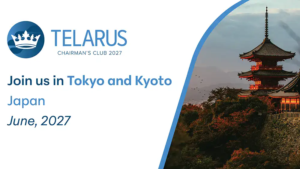 Telarus Chairman’s Club 2027 invitation with logo, text inviting to Tokyo and Kyoto, Japan in June 2027, and a traditional Japanese pagoda at sunset on the right—celebrating Chairman's Club excellence since 2025.