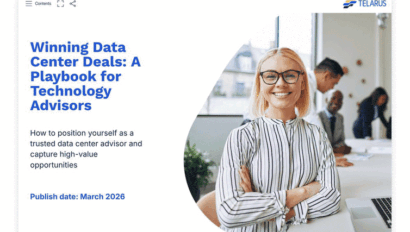 A smiling woman with glasses stands confidently in an office. The slide reads: "Winning Data Center Deals: A Playbook for Technology Advisors," featuring guidance on how to use AI and addressing the GenAI Divide. Publish date: March 2026, TELARUS logo top right.
