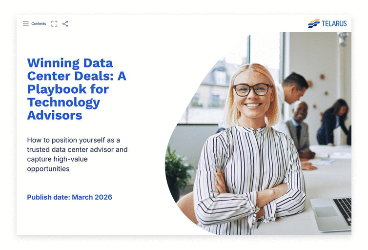 A smiling woman with glasses stands confidently in an office. The slide reads: "Winning Data Center Deals: A Playbook for Technology Advisors," featuring guidance on how to use AI and addressing the GenAI Divide. Publish date: March 2026, TELARUS logo top right.