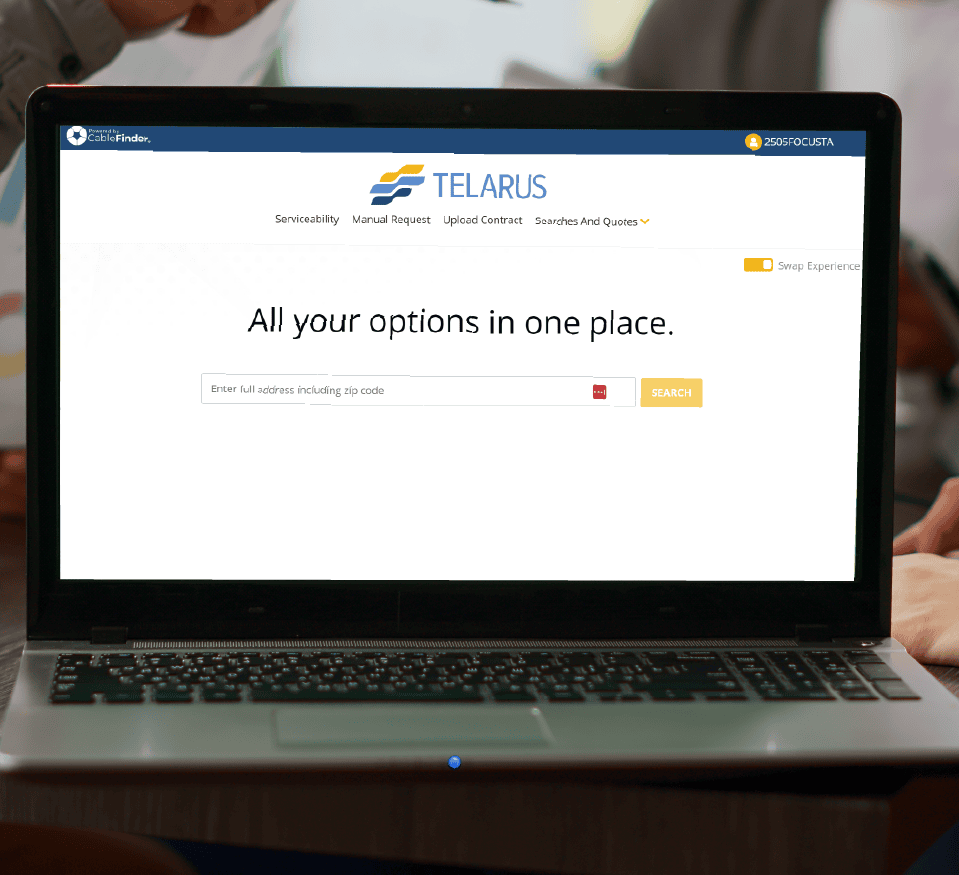 A laptop screen displays the Telarus website, featuring a search bar and Sales Applications where users can enter an address or zip code to find service options. The text reads, "All your options in one place.