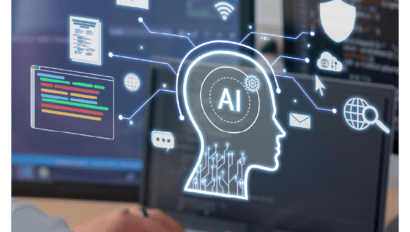 A person types on a laptop with code on the screen, while AI and technology icons like a head with "AI", lock, shield, and cloud are digitally overlaid, reflecting artificial intelligence, cybersecurity, and the Microsoft AI strategy.