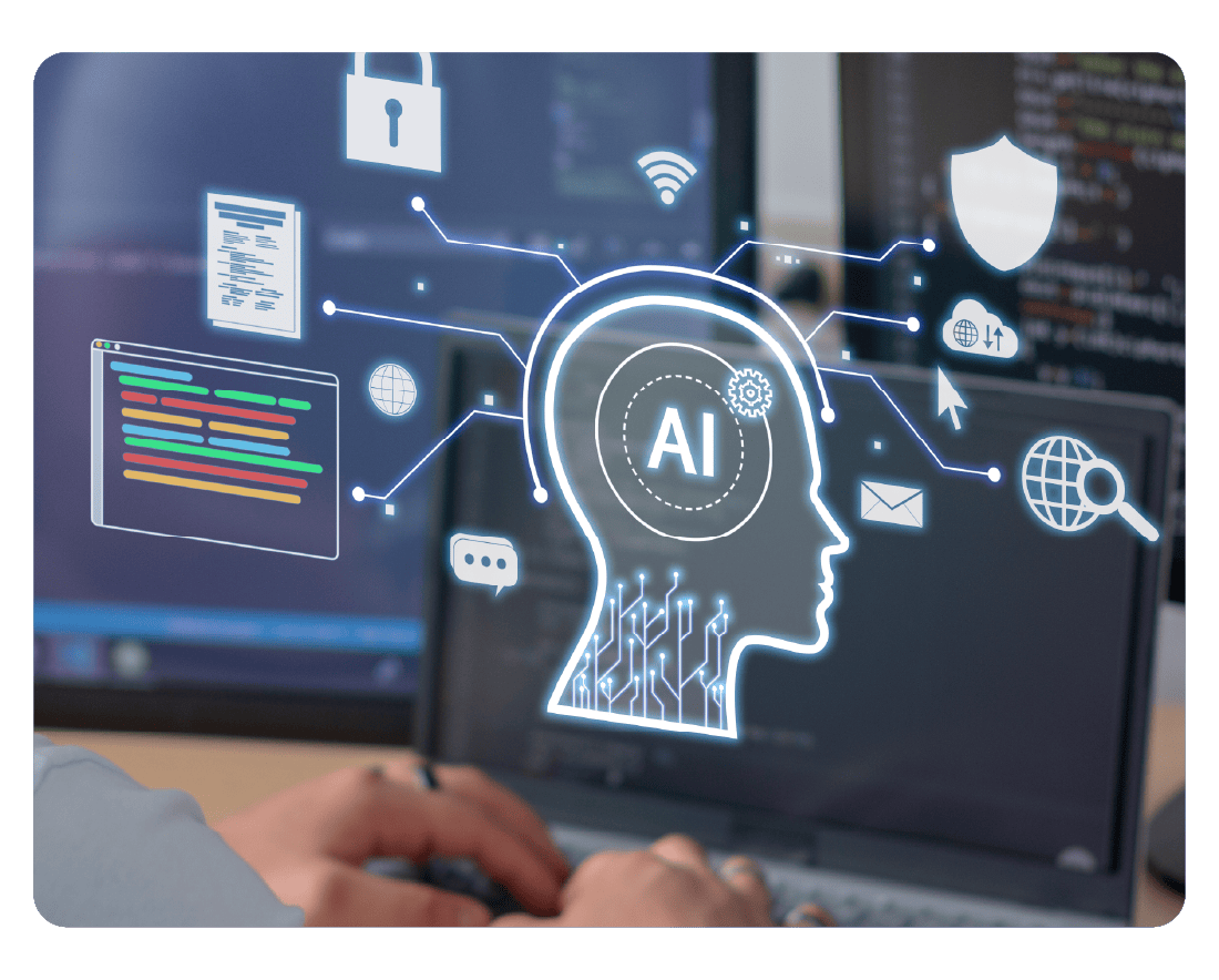 A person types on a laptop with code on the screen, while AI and technology icons like a head with "AI", lock, shield, and cloud are digitally overlaid, reflecting artificial intelligence, cybersecurity, and the Microsoft AI strategy.