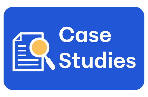 A blue rectangle with a white icon of a document and magnifying glass, next to the words "Case Studies" in bold white letters—highlighting insights into sale engineering solutions.