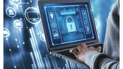 A person types on a laptop displaying a digital lock icon, representing cybersecurity. The background features icons for security, cloud computing, and graphs, symbolizing data protection and advisors technology solutions.