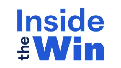 Bold blue text on a white background reads "Inside the Win," with "the" written vertically to the left of "Win." The rounded corners and black border complete this sale engineering-inspired design.