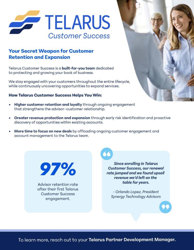 A marketing flyer for Telarus Customer Success features a logo, text highlighting customer retention, a pie chart showing a 97% retention rate, and a testimonial from Orlando Lopez, with blue and white branding elements.