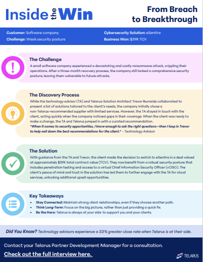 An infographic titled "Inside the Win: From Breach to Breakthrough" outlines a cybersecurity case study for a software company with weak security, highlighting sale engineering tactics in the discovery process, solution strategies, and key takeaways.
