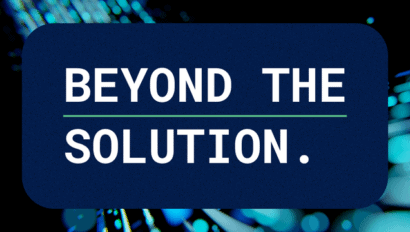 Text on a dark blue rectangle reads "BEYOND THE SOLUTION." with "SOLUTION." underlined. The background features abstract blue and teal light streaks on black.