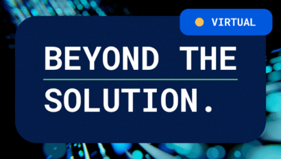 Dark blue graphic with the text "BEYOND THE SOLUTION." underlined, and a blue label in the top right corner that says "VIRTUAL" with a yellow dot. Background features blue and teal light streaks.