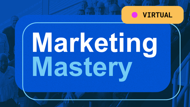 Bold white and light blue text reads “Marketing Mastery” on a blue background, with a yellow label in the top right corner that says “Virtual.” Blurred people are visible in the background.