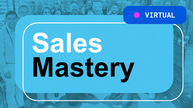 A group of people posing together is shown in the background. Overlaid is a bright blue box with the words "Sales Mastery" in bold, and a "Virtual" label with a pink dot in the top right corner.