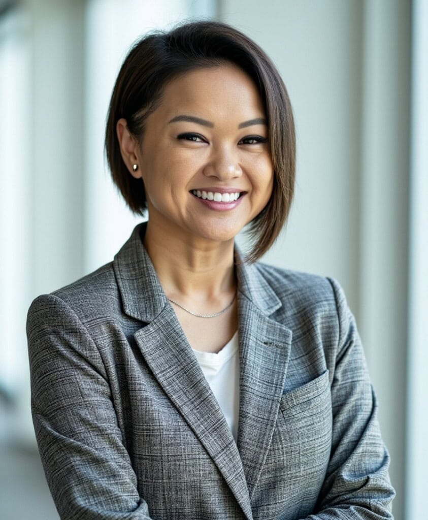 A woman with short dark hair, wearing a gray plaid blazer and white shirt, stands smiling confidently with arms crossed in a bright, modern office setting—ready to lead her team in developing an effective AI adoption strategy.