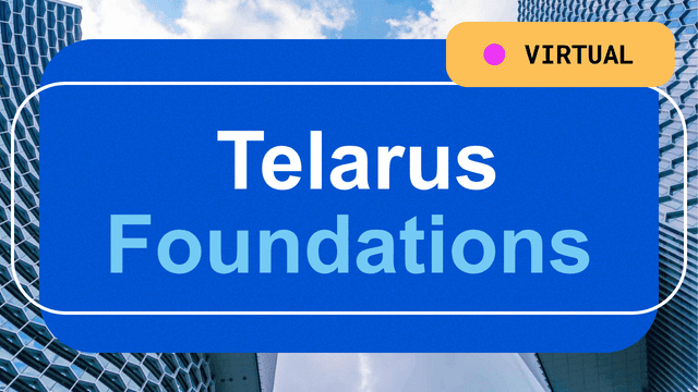 A blue graphic with the text "Telarus Foundations" in large white and light blue letters. In the top right corner, a yellow label reads "Virtual" with a pink dot, set against a background of modern buildings and sky.