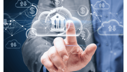 A person in a suit touches a virtual cloud icon with a bank symbol inside, surrounded by digital dollar signs and network connections, highlighting private cloud benefits and cost advantage in online banking and financial technology.