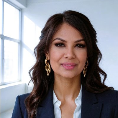 A woman with long, wavy brown hair wearing a navy blazer and gold earrings smiles softly in a bright, modern office, where regulatory updates like the CMMC 2.0 are often discussed by her team near large windows in the background.