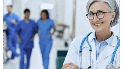 A smiling older female doctor with gray hair and glasses, wearing a white coat and stethoscope, stands in the foreground. In the blurred hospital hallway behind her, three medical professionals discuss recent regulatory updates in blue scrubs.
