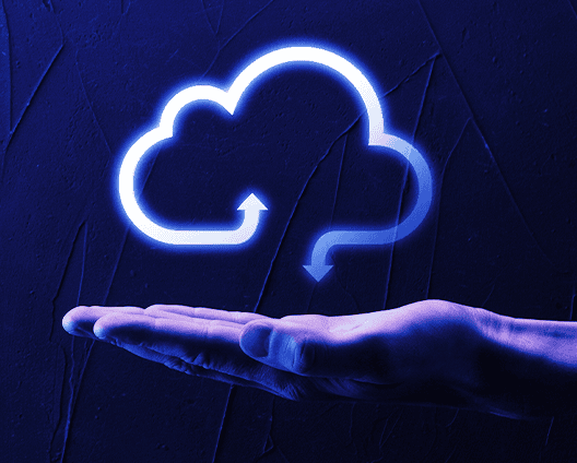 A hand is held out under a glowing cloud icon with up and down arrows, representing cloud computing or data transfer—an apt visual for those exploring how to use AI effectively or consulting resources like the Data Center Playbook ebook—set against a dark textured background.