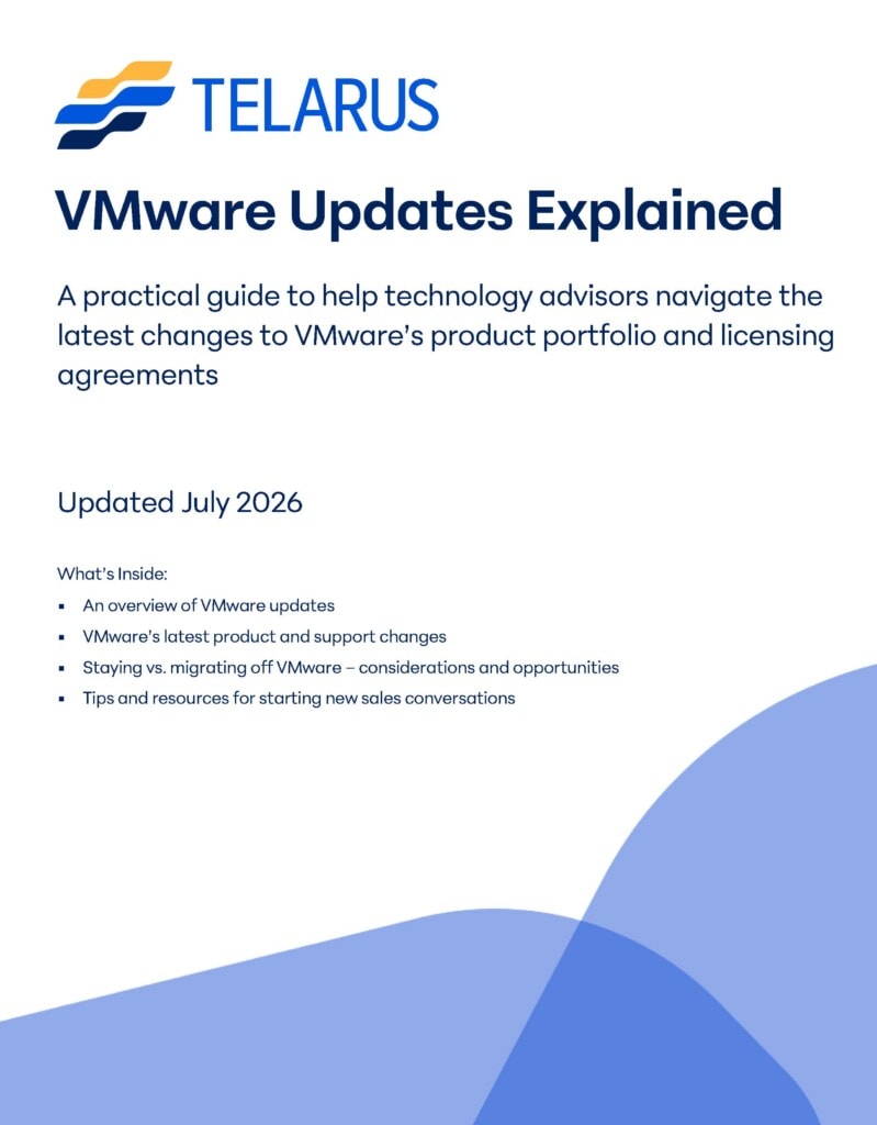 Telarus document titled "VMware Updates Explained," dated July 2026, with key topics like VMware updates, product changes, support, how to use AI for streamlined migrations, and sales tips. Wavy blue design at bottom.