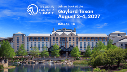 Large hotel with stone facade and peaked roofs behind a pond and trees. Text reads: Partner Summit 2027, Telarus Partner Summit, Gaylord Texan, August 2-4, 2027, Dallas, TX.