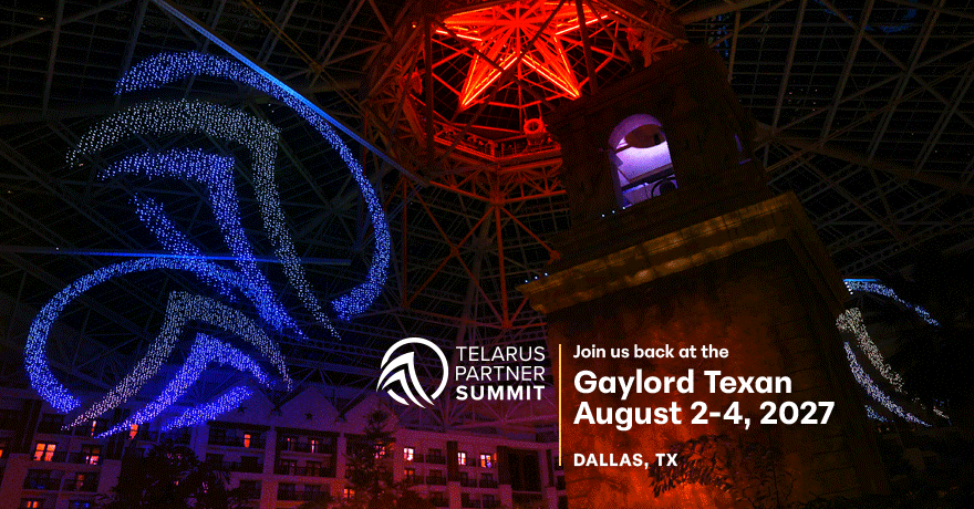 A lit indoor atrium with a tower and blue-red light patterns. Text reads: “Partner Summit 2027 – Telarus Partner Summit. Gaylord Texan August 2-4, 2027, Dallas, TX. Join us back at the Gaylord Texan.”.