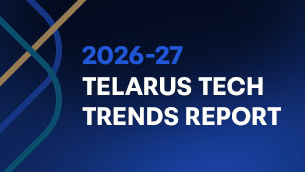 Text reads “2026-27 TELARUS TECH TRENDS REPORT” on a blue gradient background with curved lines in blue and tan on the left side, emphasizing the latest insights from the Telarus Tech Trends Report and highlighting key innovations shaping 2026 Tech Trends.