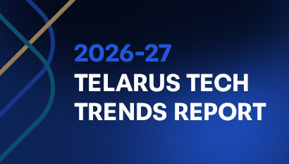 2026-27 Telarus Tech Trends Report text appears on a dark blue background with overlapping colored lines on the left side, highlighting insights for every partner Telarus supports.