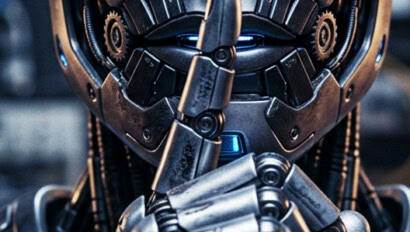 A robotic face, often seen in deepfake fraud, with a metallic index finger held to its lips in a gesture for silence.
